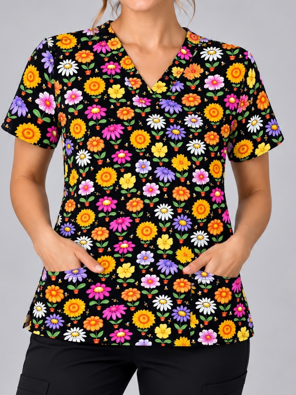 Women’s Medium Peaches Uniforms Floral Scrub Top